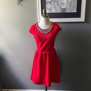 Ayla Red Sheath Dress with Silver Beaded Details at Neckline Size Medium